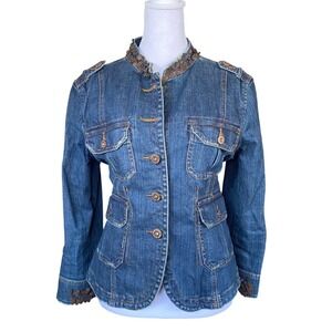 Vintage Y2K Dark Wash Denim Blue Jean Jacket Large Sequin Utility Military Bratz